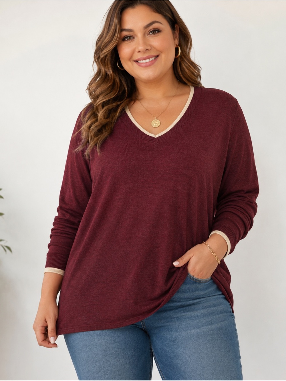Women's Wool Blend V-Neck Red Sweater 2XL